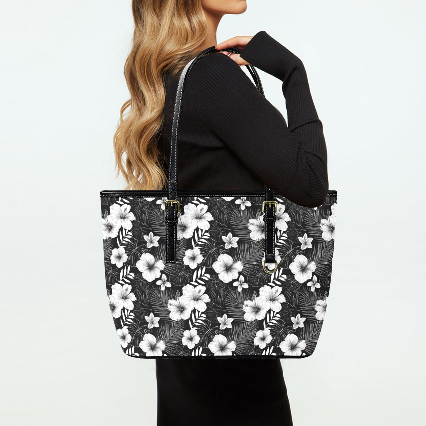 Black White Floral Tote Bag Purse, Hibiscus Flowers Art Women Vegan Leather Handbag  Zip on Top Designer Handmade Shoulder Ladies Bag