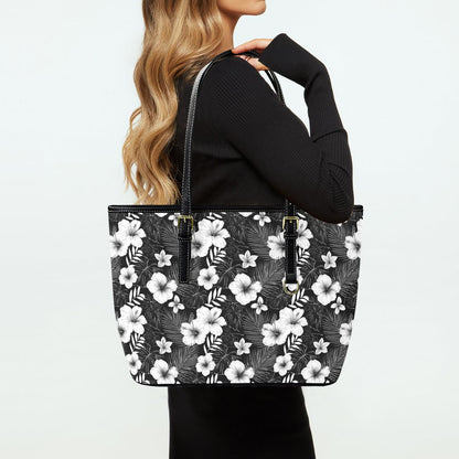 Black White Floral Tote Bag Purse, Hibiscus Flowers Art Women Vegan Leather Handbag  Zip on Top Designer Handmade Shoulder Ladies Bag