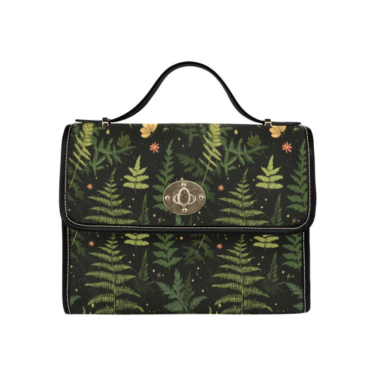 Fern Forest Canvas Satchel bag, Boho Vintage Cottagecore Nature Waterproof Black Women Ladies Crossbody Purse Vegan Leather Strap Handbag