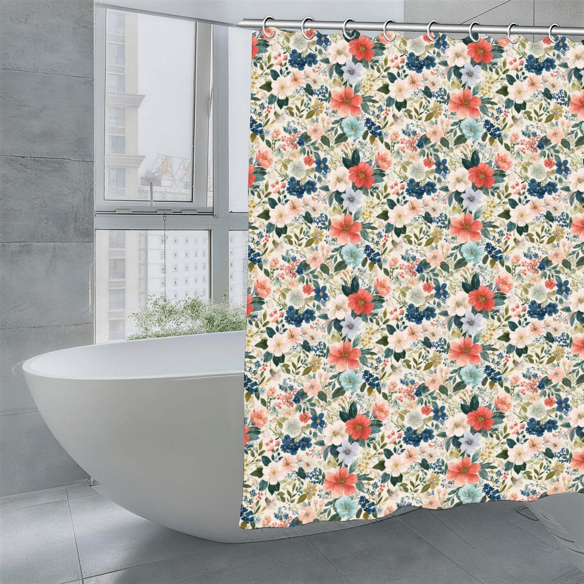 Boho Flowers Shower Curtain with Hooks Rings, Floral Blooms Fabric Waterproof Unique Bath Bathroom Decor Cool Housewarming Home Gift