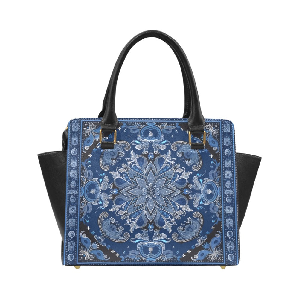Bandana Purse Handbag, Blue Black Vegan Leather Designer Women Gift Satchel Top Zip Handle Bag Shoulder Crossbody Strap