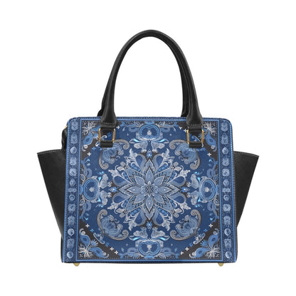 Bandana Purse Handbag, Blue Black Vegan Leather Designer Women Gift Satchel Top Zip Handle Bag Shoulder Crossbody Strap