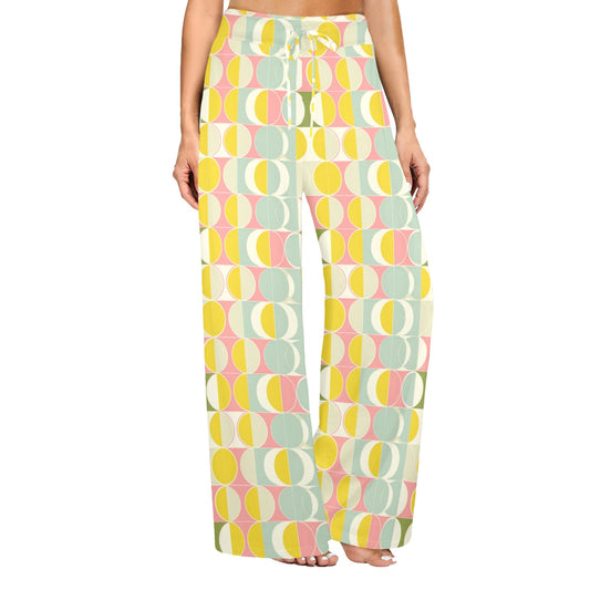 Mid Century Modern Women Wide Leg Pants Pockets, Retro Yellow 70s Yoga Trousers High Waisted Ladies Comfy Drawstring Lounge Flowy Summer