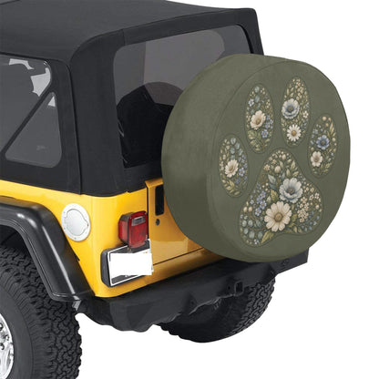 Paw Spare Tire Cover, Sage Green Floral Dog Cat Animal Puppy Pet Love Backup Camera Hole Rear Extra Wheel Unique RV Back Car Trailer Campers