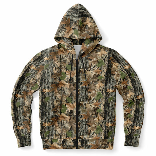 Woodland Camo Zip Up Hoodie, Bark Wood Real Camouflage Full Zipper Pocket Men Women Unisex Aesthetic Graphic Cotton Fleece Hooded Sweatshirt