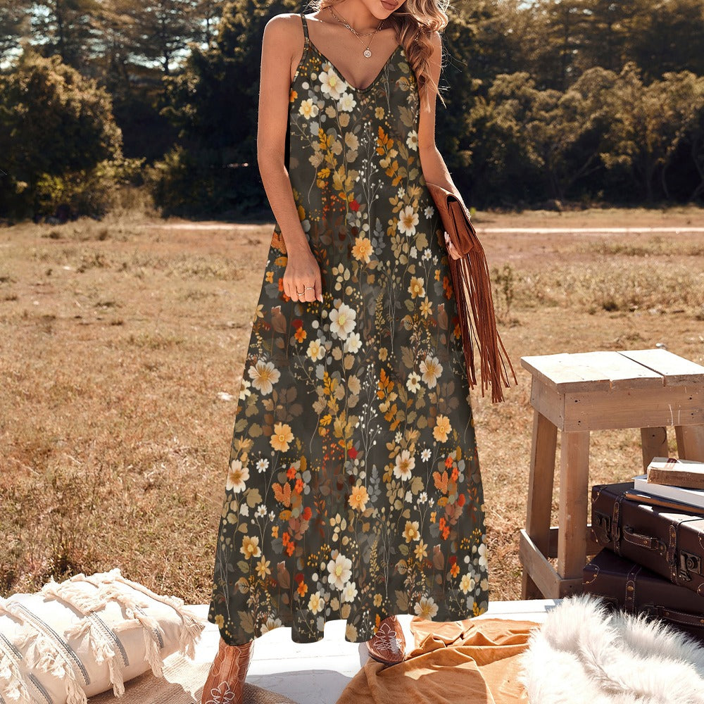 Floral Maxi Dress, Fall Brown Autumn Long Flowers Spaghetti Straps