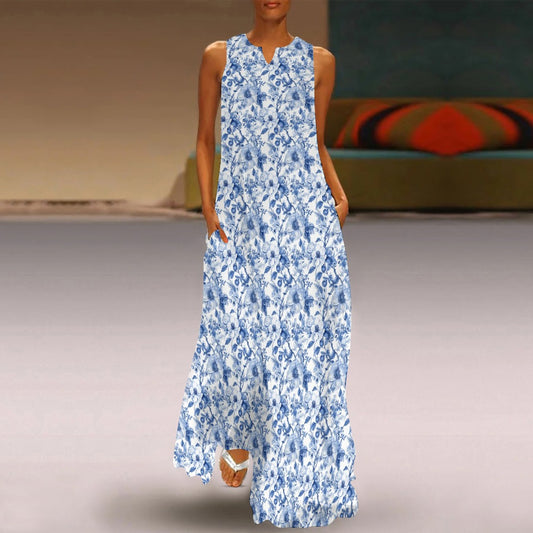 Blue White Floral Maxi Sleeveless Dress, Flowers Party Handmade A Line Women Ladies Cocktail Pockets Long Plus Size