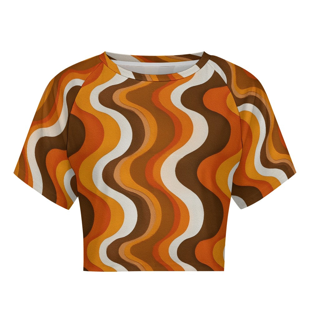 Retro Wavy Stripes Crop Top Tshirt, Brown Orange 70s Belly Tee Women Ladies Adult Cute Aesthetic Graphic Crewneck Festival Y2K Cropped Shirt