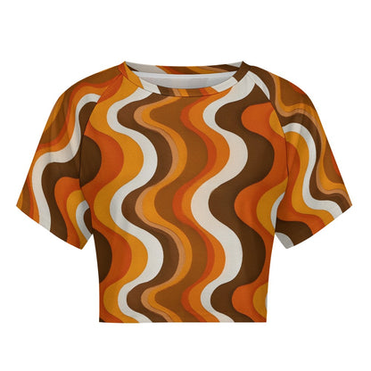 Retro Wavy Stripes Crop Top Tshirt, Brown Orange 70s Belly Tee Women Ladies Adult Cute Aesthetic Graphic Crewneck Festival Y2K Cropped Shirt