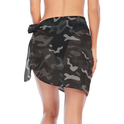Black Camo Sarong Wrap Skirt, Grey Camouflage Print Women Bikini Bottom Cover Up Beach Front Sexy Coverup Swimwear Side Tie Short Mini Swim