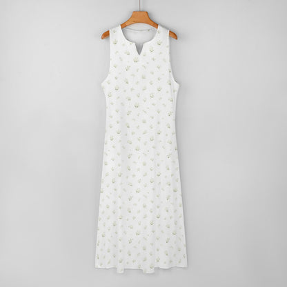 White Floral Maxi Sleeveless Dress, Flowers Party Handmade A Line Women Ladies Cocktail Pockets Long Plus Size Summer Wedding Sundress - Starcove Fashion
