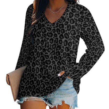Black Leopard Women Long Sleeve Tshirt loose fit, Gray Animal Print Relaxed V-neck Designer Graphic Aesthetic Ladies Female Tee Top Shirt - Starcove Fashion