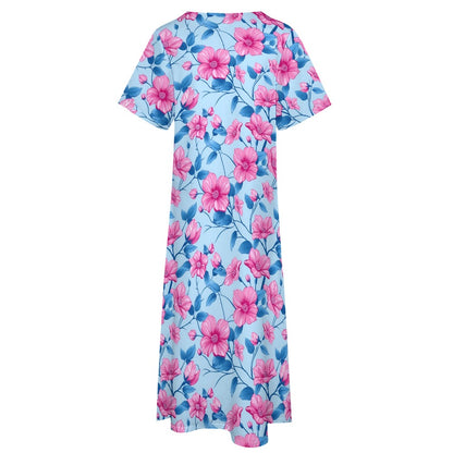 Pink Blue Floral Women Maxi Dress, Flowers V-Neck Print Short Sleeve Evening Summer Cocktail Ladies Handmade Designer Plus Size Pockets