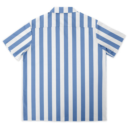 Blue White Striped Men Button Down Shirt, Beach Spread Collar Short Sleeve Guys Casual Print Buttoned Up Plus Size Unisex