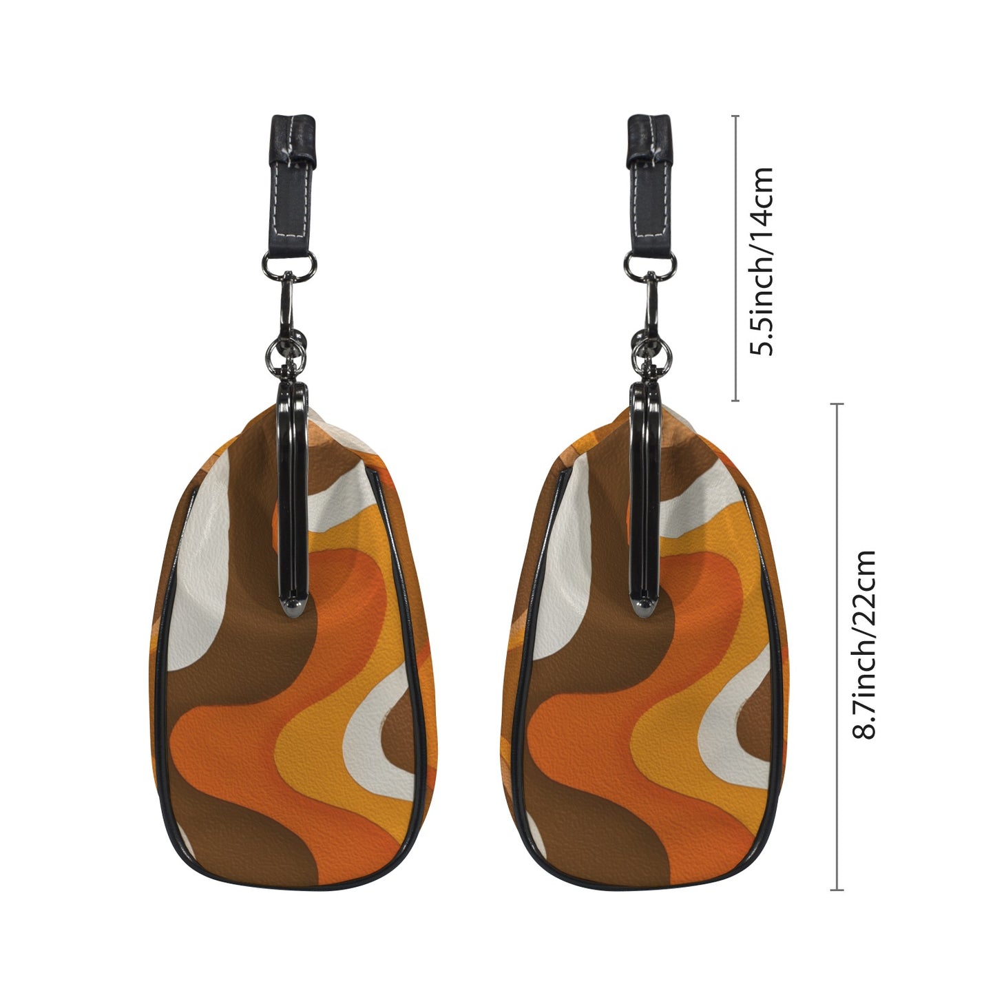 70s Retro Kiss Lock Purse Handbag, Orange Brown Wavy Striped Print Vegan Leather Vintage Designer Shoulder Crossbody Top Handle Clasp Bag