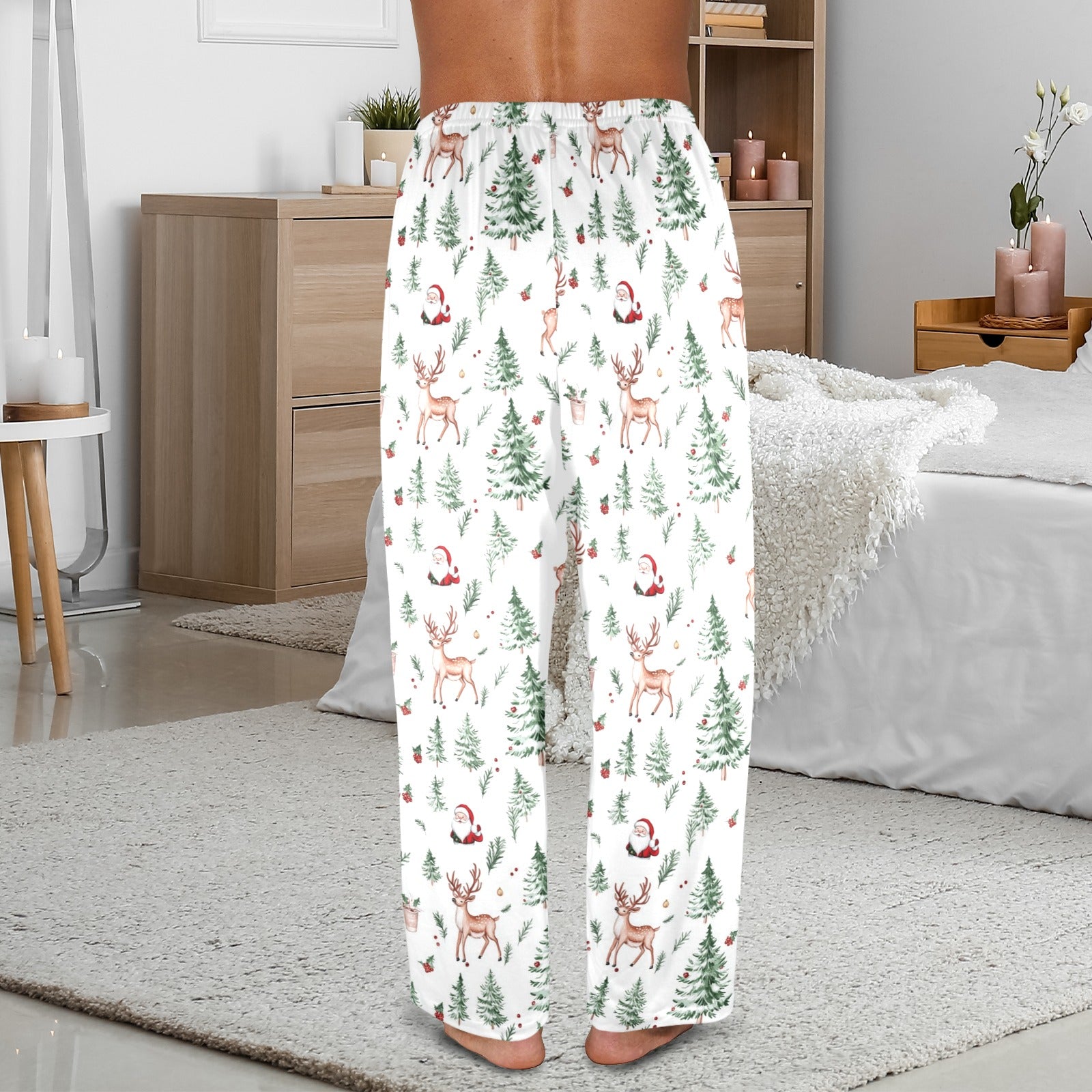 White Christmas Men Pajamas Pants, Santa Claus Trees