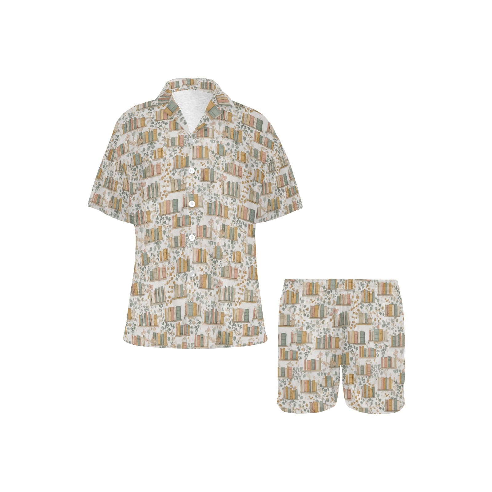 Book Pajamas Set, Reading Lounge Library Botanical Sleepwear Short Sleeve Sleep Shirt Shorts Night Plus Size Summer Designer PJs Button Up - Starcove Fashion