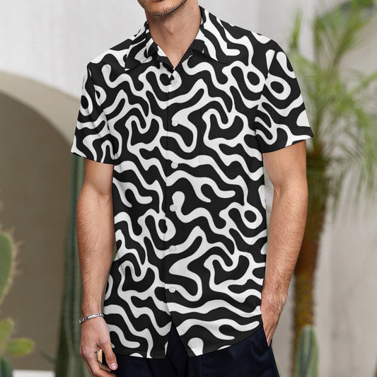 Black White Men Button Up Shirt, Psychedelic Wavy Trippy Short Sleeve Print Casual Buttoned Down Summer Male Guys Collared Designer Festival