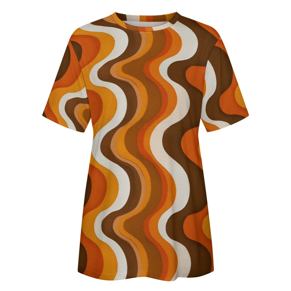 Vintage Retro Women Cotton Tshirt, 70s Brown Wavy Stripes Ladies Female Designer Adult Graphic Aesthetic Fitted Crewneck Tee Shirt Top - Starcove Fashion
