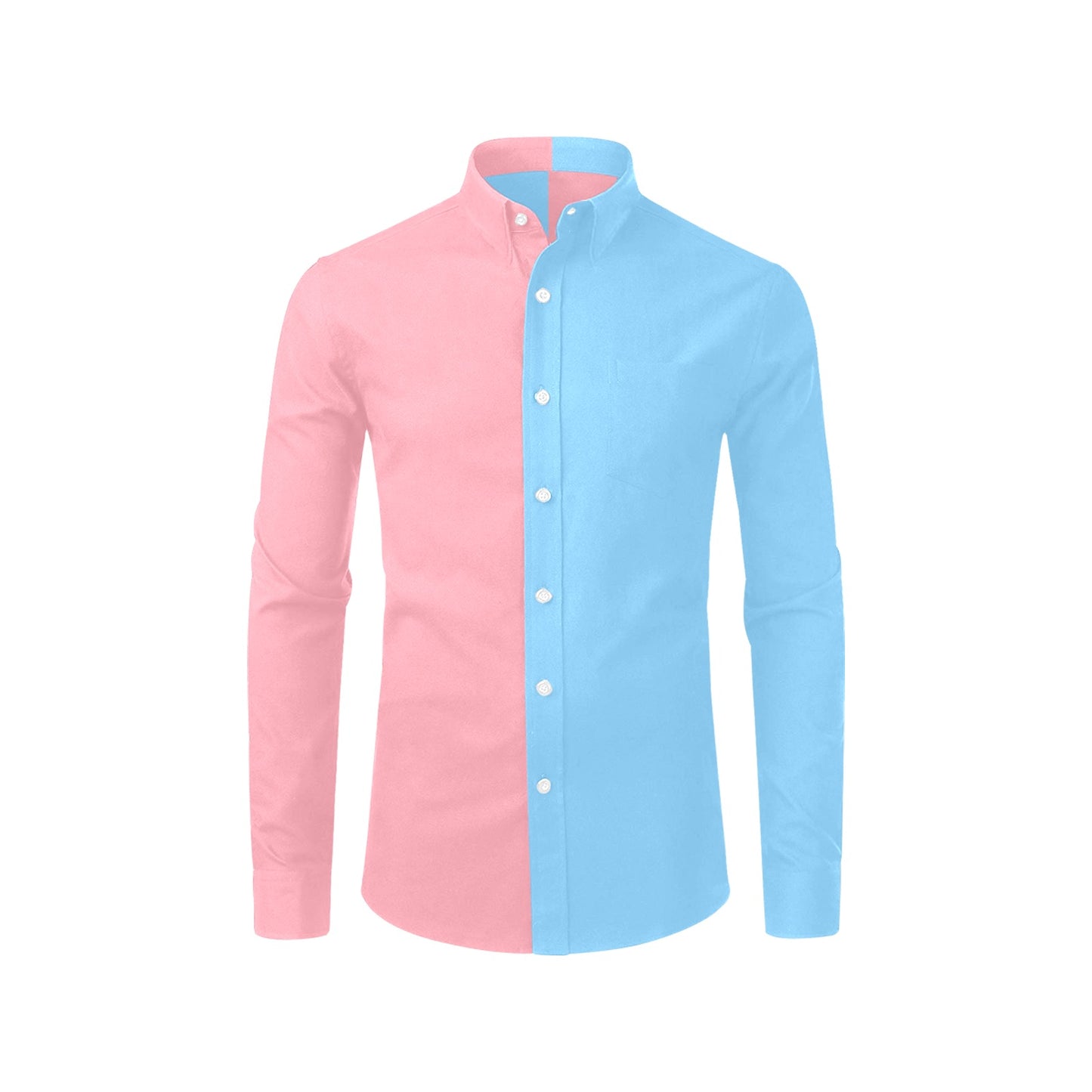 Half Pink Half Baby Blue Men Button Up Shirt, Long Sleeve Color Block Split Two Tone Combo Print Buttoned Collared Dress Shirt Chest Pocket
