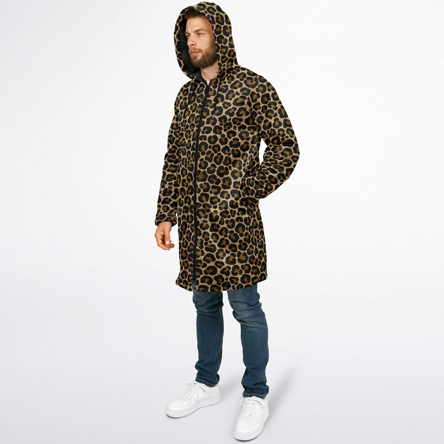 Leopard Hooded Cloak Fleece Jacket, Animal Print Cheetah Zipper Coat Men Women Male Ladies Winter Mink Hooded Parka Wearable Cape Pockets