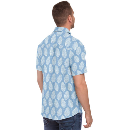 Light Blue Men Button Up Shirt, Palm Tree Leaf White Short Sleeve Print Casual Buttoned Down Summer Male Guys Collared Designer Dress
