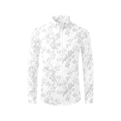 White Floral Long Sleeve Men Button Up Shirt, Monochrome Botanical Artistic Flowers Summer Print Dress Buttoned Collar Casual Male Guy Shirt - Starcove Fashion