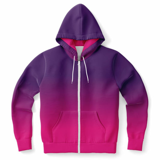 Pink Purple Ombre Zip Up Hoodie, Gradient Tie Dye Full Zipper Pocket Men Women Unisex Adult Aesthetic Cotton Fleece Hooded Sweatshirt