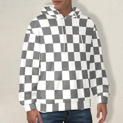 Checkered Flannel Hoodie, Brown Grey White Check Fleece Lined Heavyweight Pocket Men Women Unisex Graphic Hooded Sweatshirt Jacket