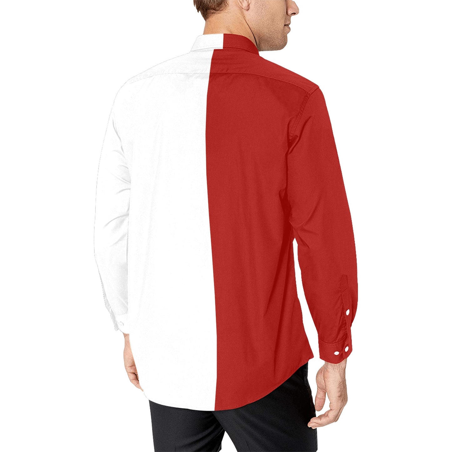 Half Red Half White Men Button Up Shirt, Long Sleeve Color Block Split Two Tone Combo Print Buttoned Collared Guys Casual Dress Chest Pocket