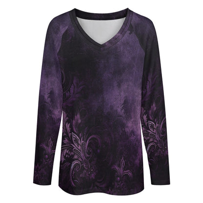 Purple Women Long Sleeve Tshirt loose fit, Floral Gothic Distressed Relaxed V-neck Designer Graphic Aesthetic Ladies Female Tee Top Shirt