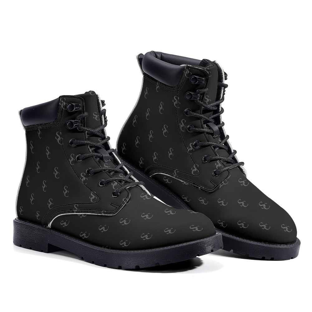 Black Leather Boots, Starcove Monogram Lace Up Shoes Hiking Women Men Female Festival Black Ankle Combat Work Winter Casual