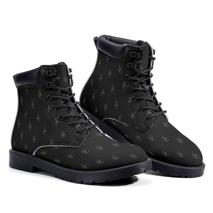 Black Leather Boots, Starcove Monogram Lace Up Shoes Hiking Women Men Female Festival Black Ankle Combat Work Winter Casual