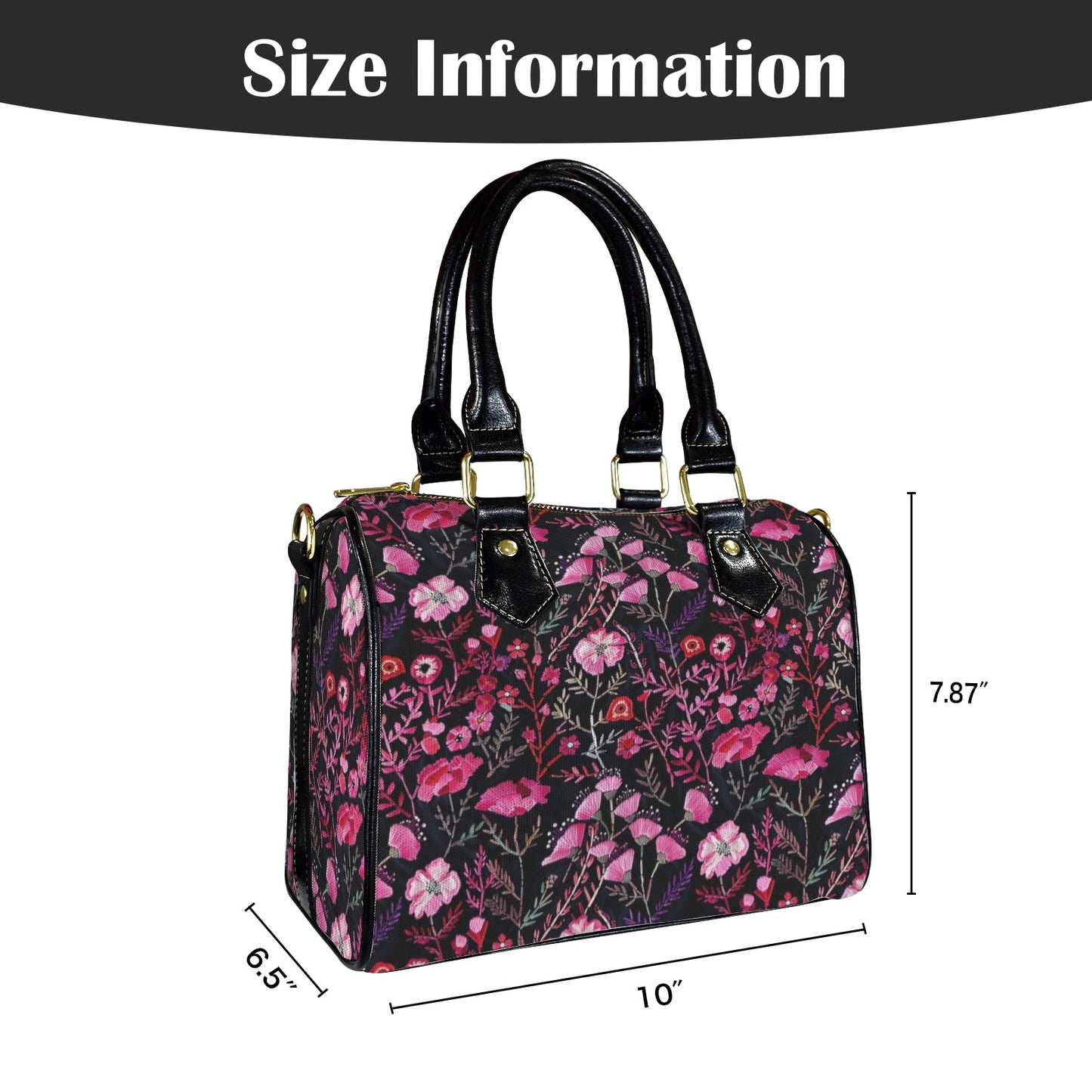 Pink Floral Purse Handbag, Flowers Women Ladies Print Canvas and Leather Barrel Type Designer Accessory Shoulder Crossbody Bag Gift