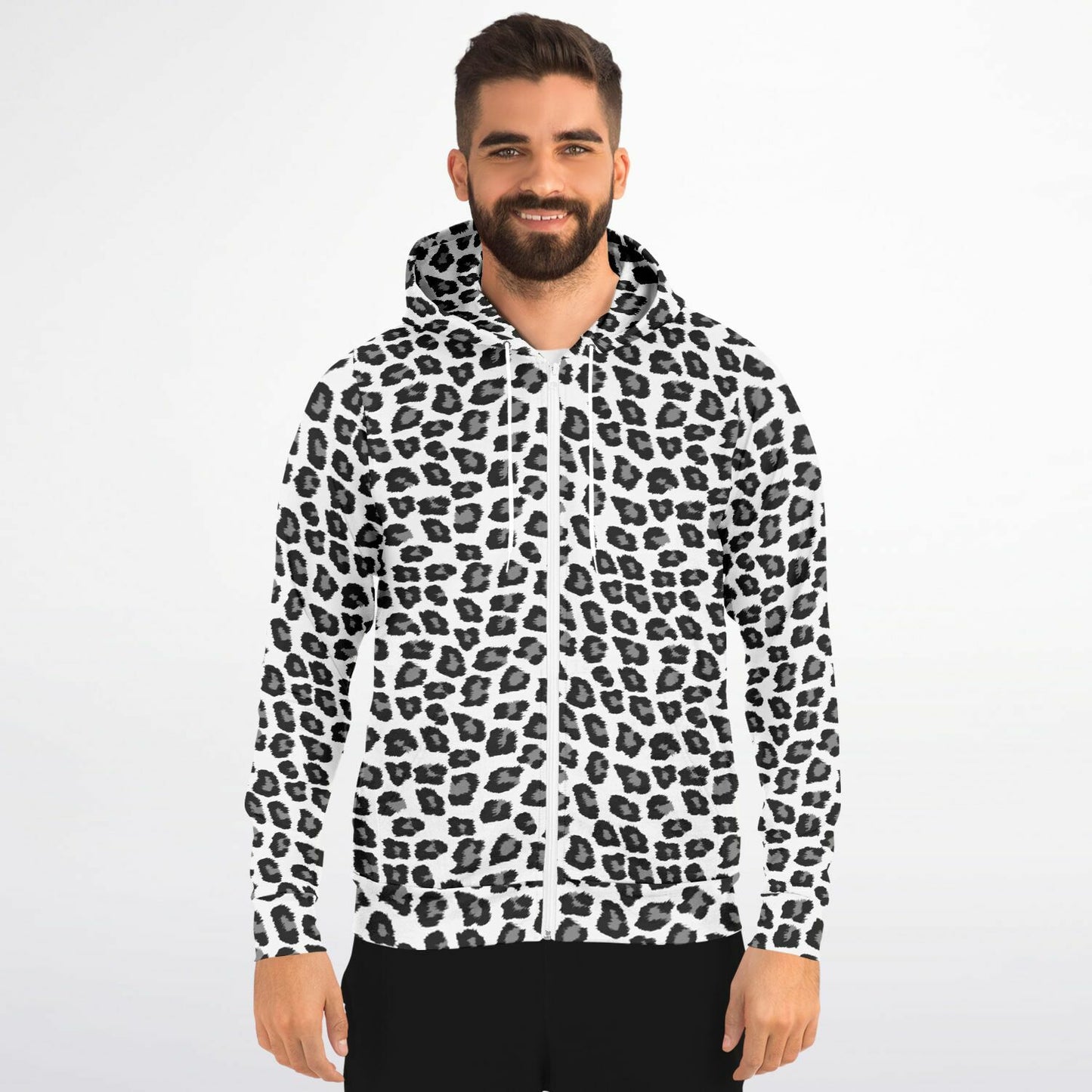 Snow Leopard Zip Up Hoodie, Black White Animal Print Full Zipper Pocket Men Women Unisex Adult Graphic Cotton Fleece Hooded Sweatshirt