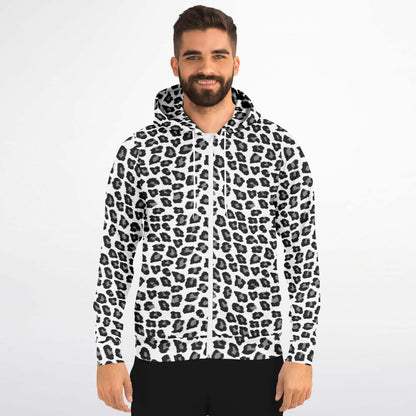 Snow Leopard Zip Up Hoodie, Black White Animal Print Full Zipper Pocket Men Women Unisex Adult Graphic Cotton Fleece Hooded Sweatshirt