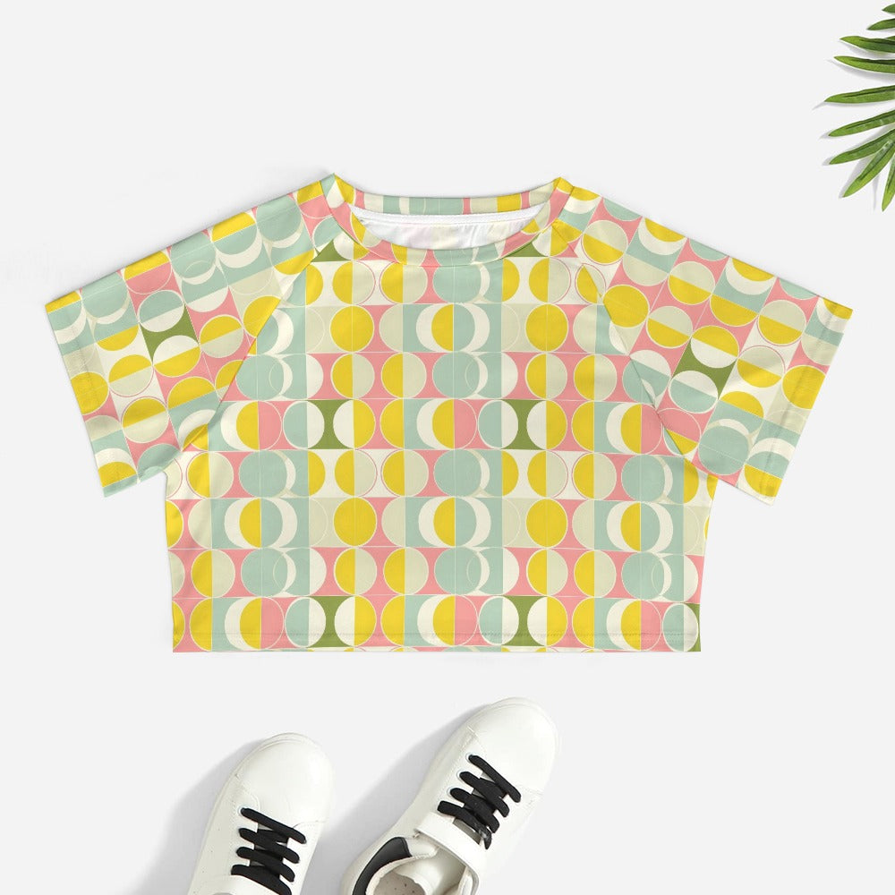 Mid Century Modern Crop Top Tshirt, Yellow Geometric Belly Tee Women Ladies Adult Cute Aesthetic Graphic Crewneck Festival Y2K Cropped Shirt