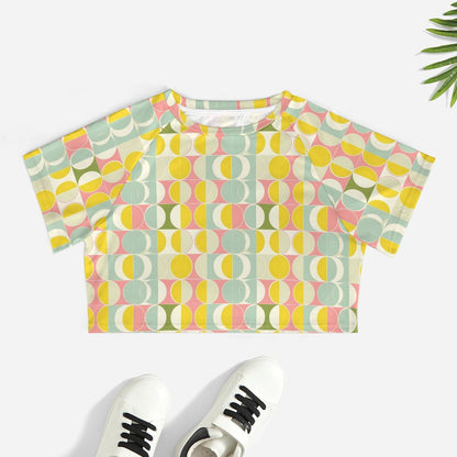 Mid Century Modern Crop Top Tshirt, Yellow Geometric Belly Tee Women Ladies Adult Cute Aesthetic Graphic Crewneck Festival Y2K Cropped Shirt