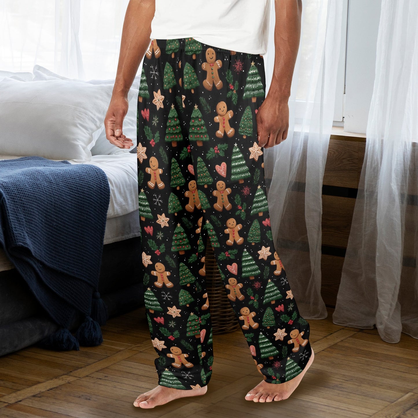 Gingerbread man Christmas Men Pajamas Pants, Black Green Festive Trees Xmas PJ Pockets Sleep Lounge Trousers Guys Male Sleepwear Bottoms