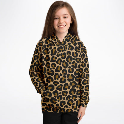 Leopard Kids Pullover Hoodie, Animal Cheetah Brown Print Girls Boy Toddler Youth Children Fleece Cozy Cotton Hooded Sweatshirt Pockets