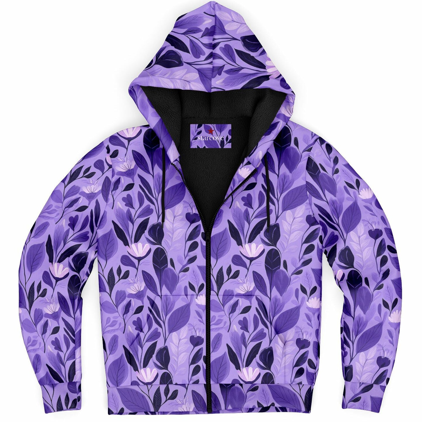 Purple Floral Zip Up Fleece Lined Hoodie, Flowers Heavyweight Full Zipper Pocket Men Women Unisex Aesthetic Graphic Hooded Sweatshirt Jacket