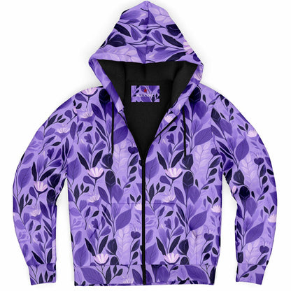 Purple Floral Zip Up Fleece Lined Hoodie, Flowers Heavyweight Full Zipper Pocket Men Women Unisex Aesthetic Graphic Hooded Sweatshirt Jacket