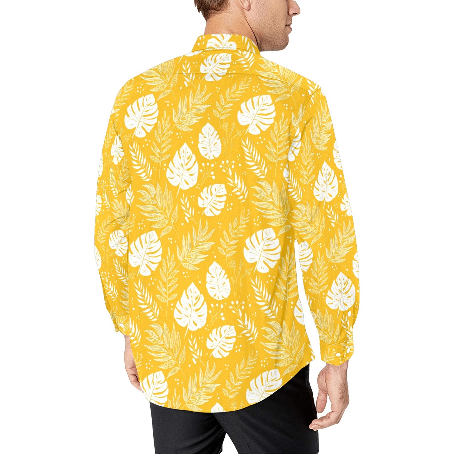Yellow Hawaiian Leaf Long Sleeve Men Button Up Shirt, Summer Tropical Print Casual Dress Buttoned Collar Dress Male Guys Chest Pocket