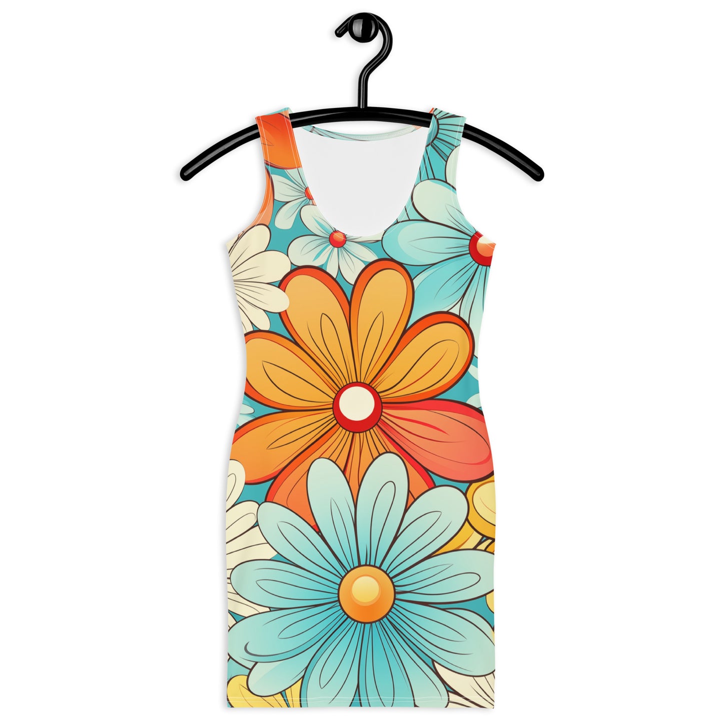 Groovy Floral Bodycon Dress Women, 70s 1970s Flower Power Pencil Fitted Homecoming Sleeveless Mini Cute Cocktail Party Prom Sexy Outfit