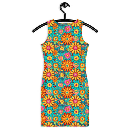70s Floral Bodycon Dress, Groovy Green Hippie Colorful Pencil Fitted Homecoming Sleeveless Mini Cute Party Women Sexy