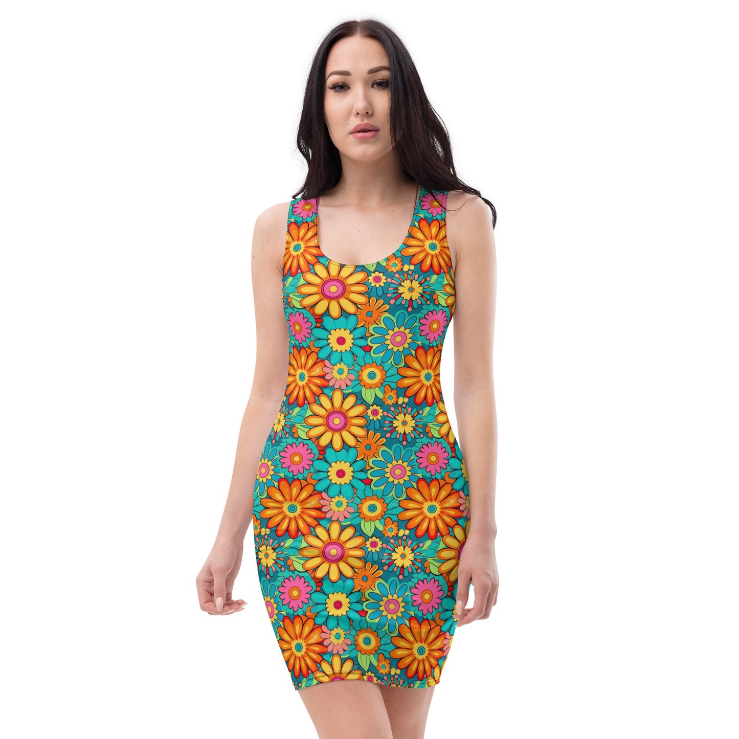 70s Floral Bodycon Dress, Groovy Green Hippie Colorful Pencil Fitted Homecoming Sleeveless Mini Cute Party Women Sexy