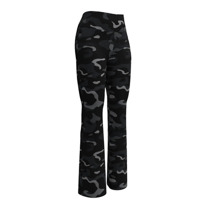 Black Camo Flared Leggings, Camouflage Printed High Rise Waisted Yoga Designer Pockets Workout Flare Pants Plus Size Bell Bottoms Ladies