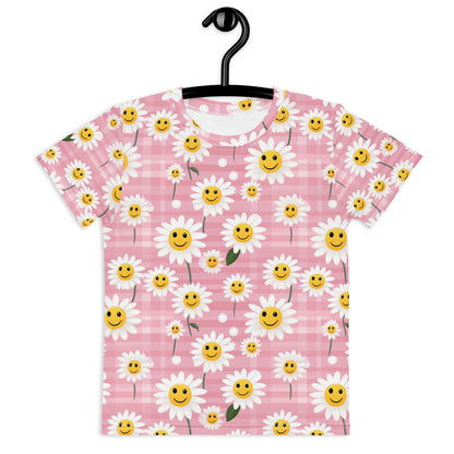Happy Daisy Kids Tshirt (2T-7), Cute Face Pink Smiling Flowers Floral Toddler Graphic Girls Boys Aesthetic Crewneck Tee Top Gift Shirt