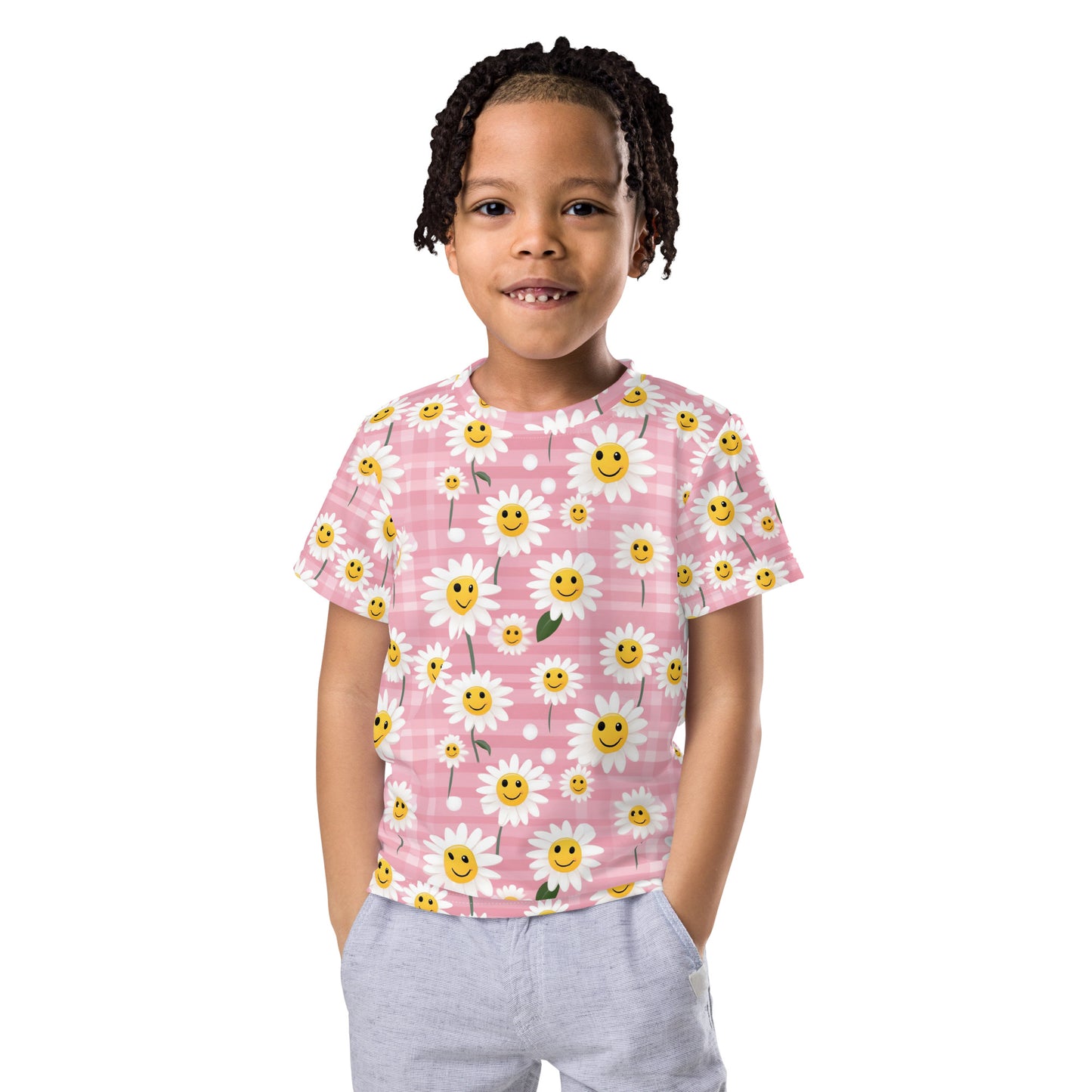 Happy Daisy Kids Tshirt (2T-7), Cute Face Pink Smiling Flowers Floral Toddler Graphic Girls Boys Aesthetic Crewneck Tee Top Gift Shirt