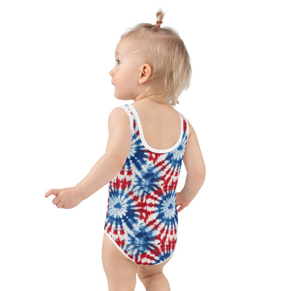 Red White Blue Tie Dye Little Girl Kids Swimsuits (2T - 7), Patriotic USA Toddler One Piece Bathing Suit Swimming Swim Children Swimwear